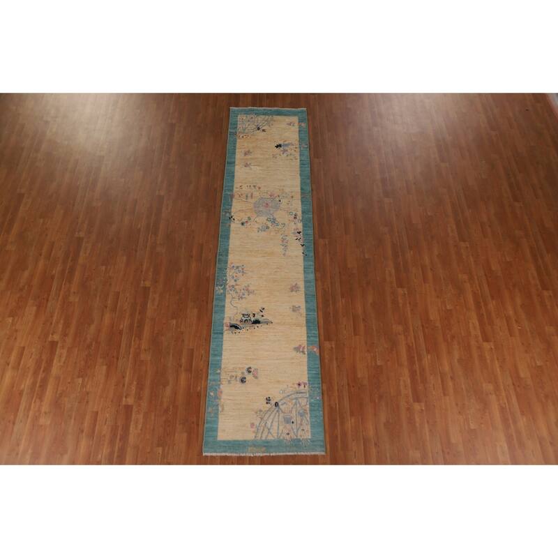 Vegetable Dye Oushak Turkish Runner Rug Handmade Wool Carpet - 2'10"x 11'9"
