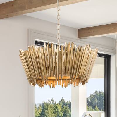Mid-century Modern Drum Chandelier 3-Light Wood Cage French Country Artistic Handmade Dining Room Lights - D20'' x H 13''