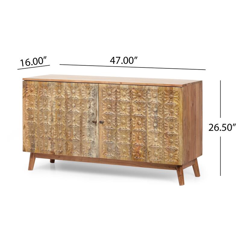 Grimsley Handcrafted Boho Acacia Wood 2 Door Cabinet by Christopher Knight Home - 47.00" L x 16.00" W x 26.50" H