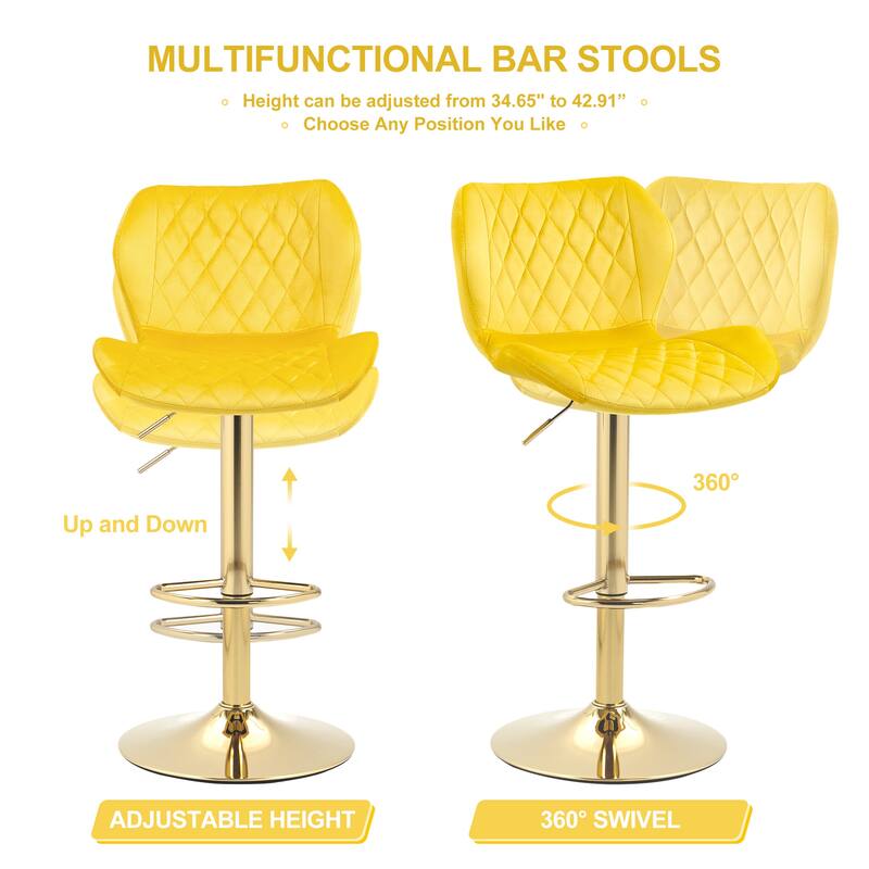 2 Velvet Adjustable Swivel Bar Stools,Counter Height Barstools With Golden Color Base N/A