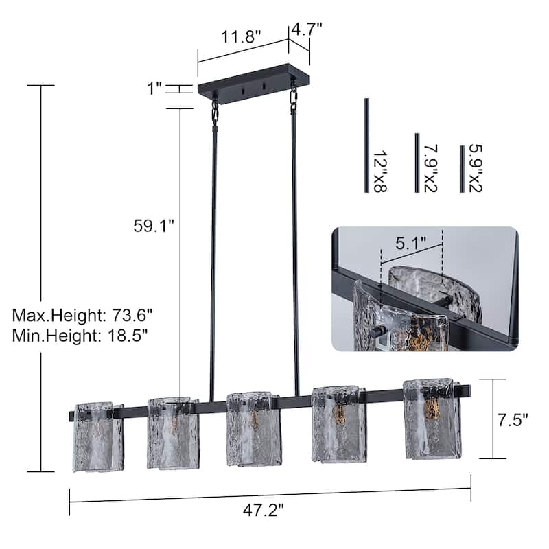 47.2" W 5-Light Modern industrial Linear Textured Smoke Glass Chandelier for Living/Dining Room - 47.2" W x 5.1" D x 7.5" H