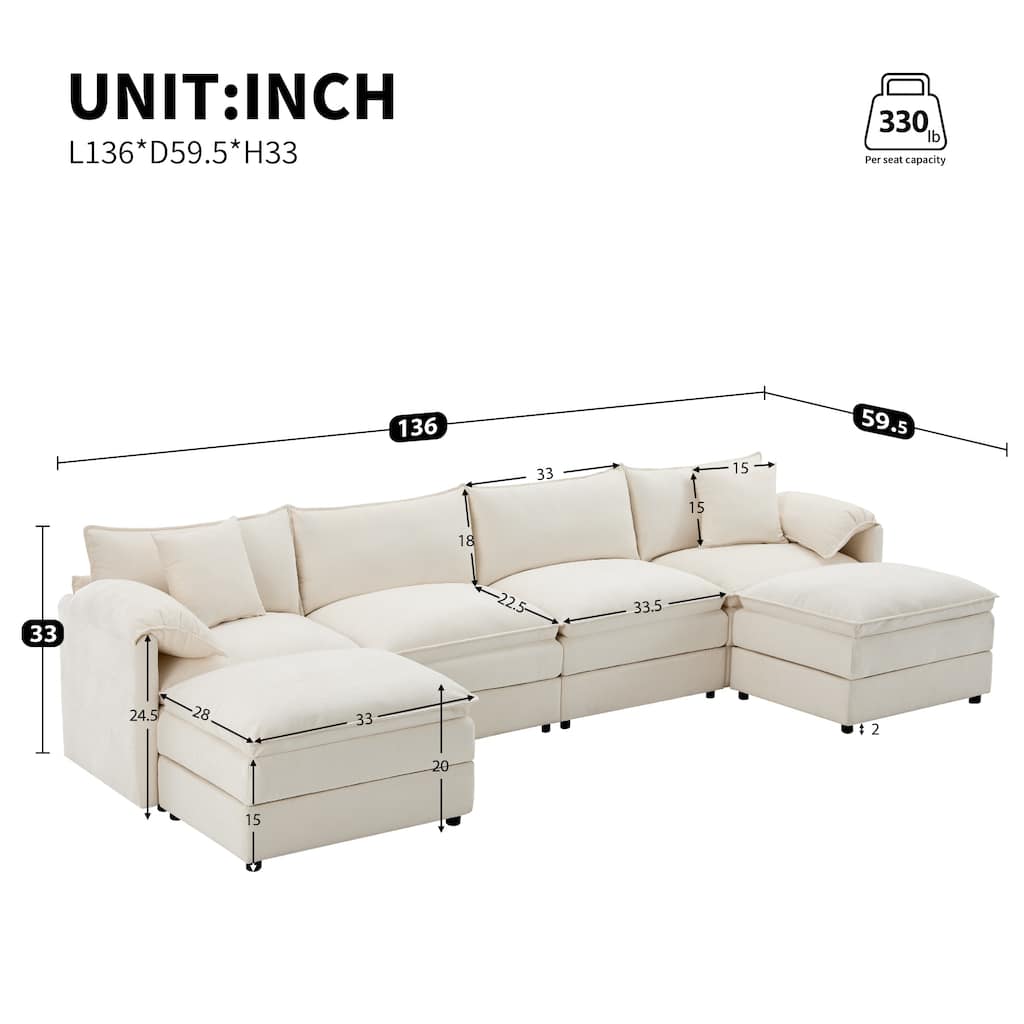 U-Shaped Modular Sectional Sofa with Ottomans, Oversized Chenille Upholstered Cloud Couch, 6-Seater Sofa with Double Cushions