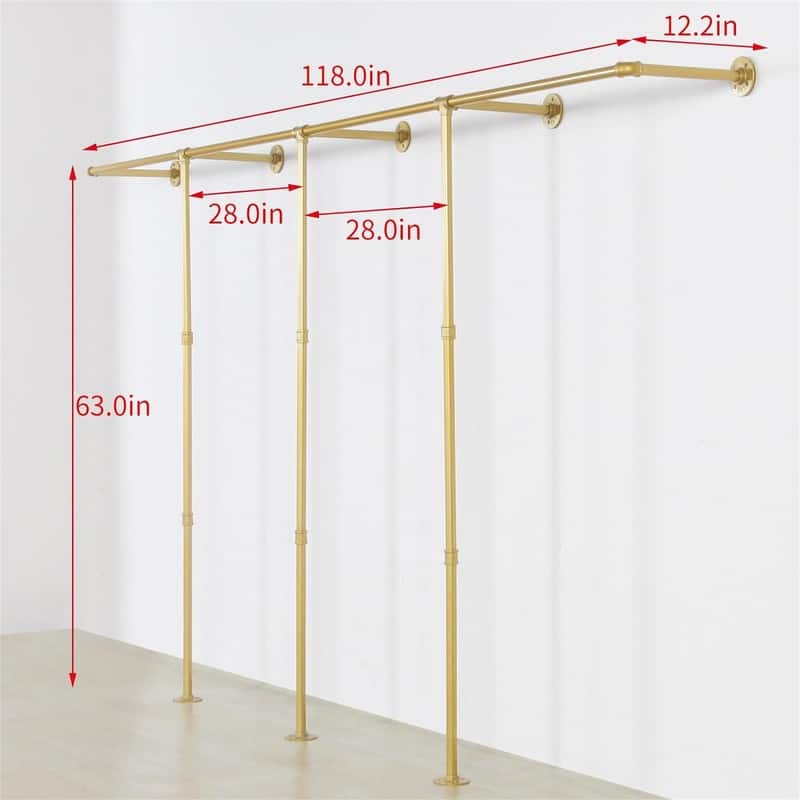 Gold pipe clothing rack for Hanging Clothes rack with 3 T-Bar Design - 11.8"D x 118"W x 63"H
