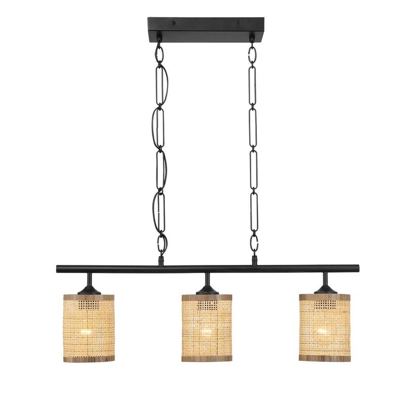 Farmhouse Three-Light Island Pendant Ceiling Light with Black Metal & Rattan Shade