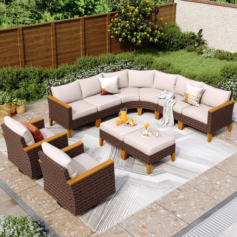 10 Piece Patio Wicker Rattan Furniture Set, Half-Moon Rattan Conversation sets with 2 X Swivel Chair Sofa and Firepit Table