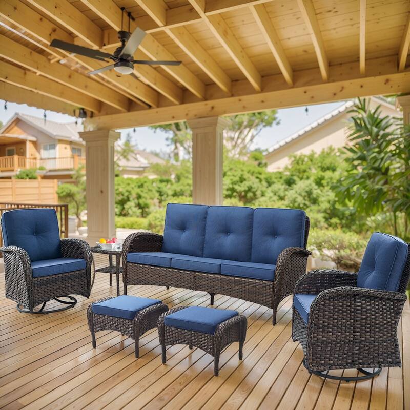 6 Pieces Patio Sofa Chairs Ottoman Brown-Blue - Brown - Brown - Blue