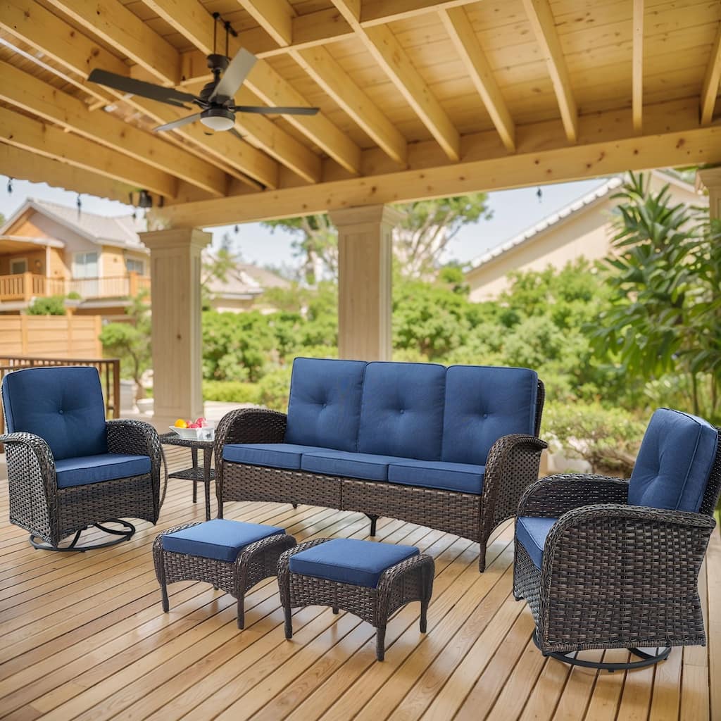 6 Pieces Patio Sofa Chairs Ottoman Brown-Blue - Brown