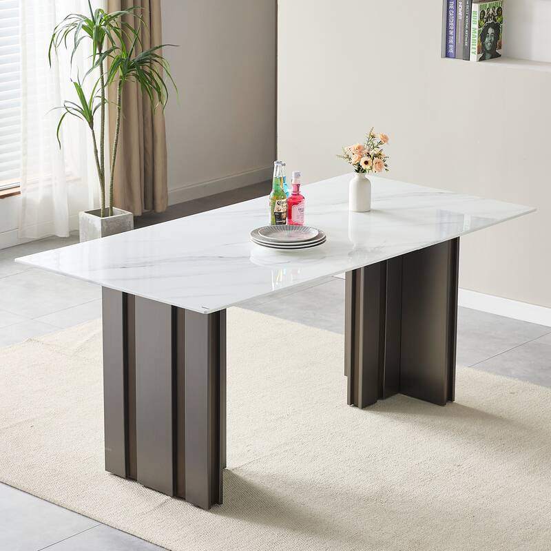 69 Inch Rectangular Dining Table with Marble Texture Glass Top for 4-6 People