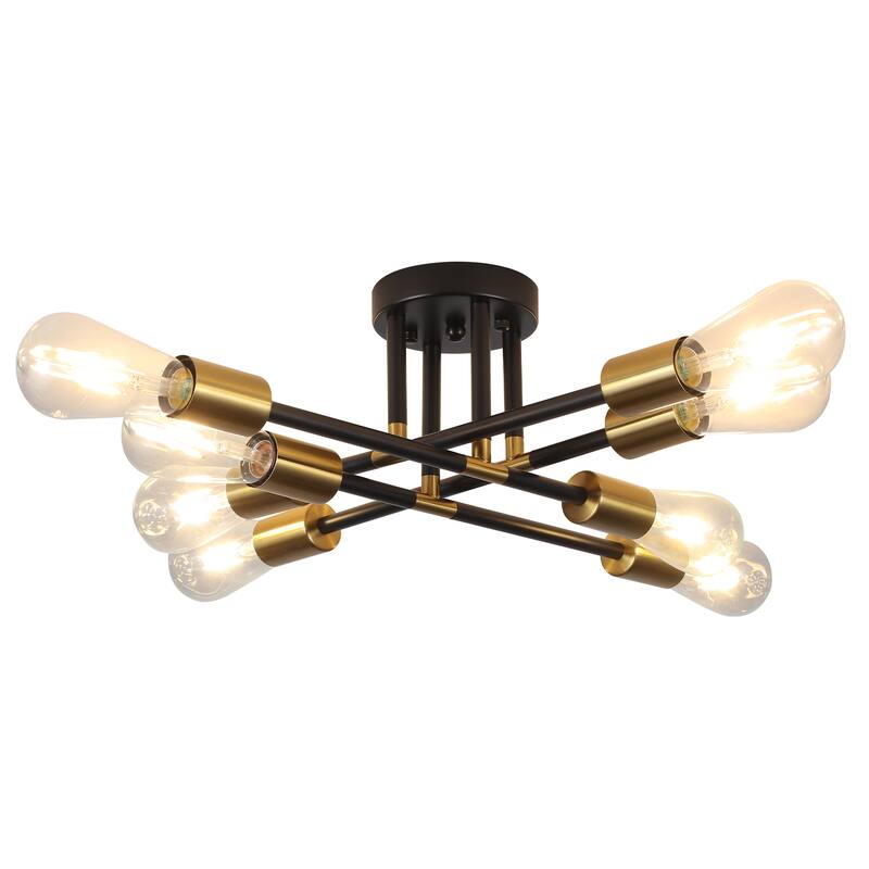 8-Light Industrial Semi Flush Mount Ceiling Light for Kitchen Dining Room Living Room - Black+Gold - N/A