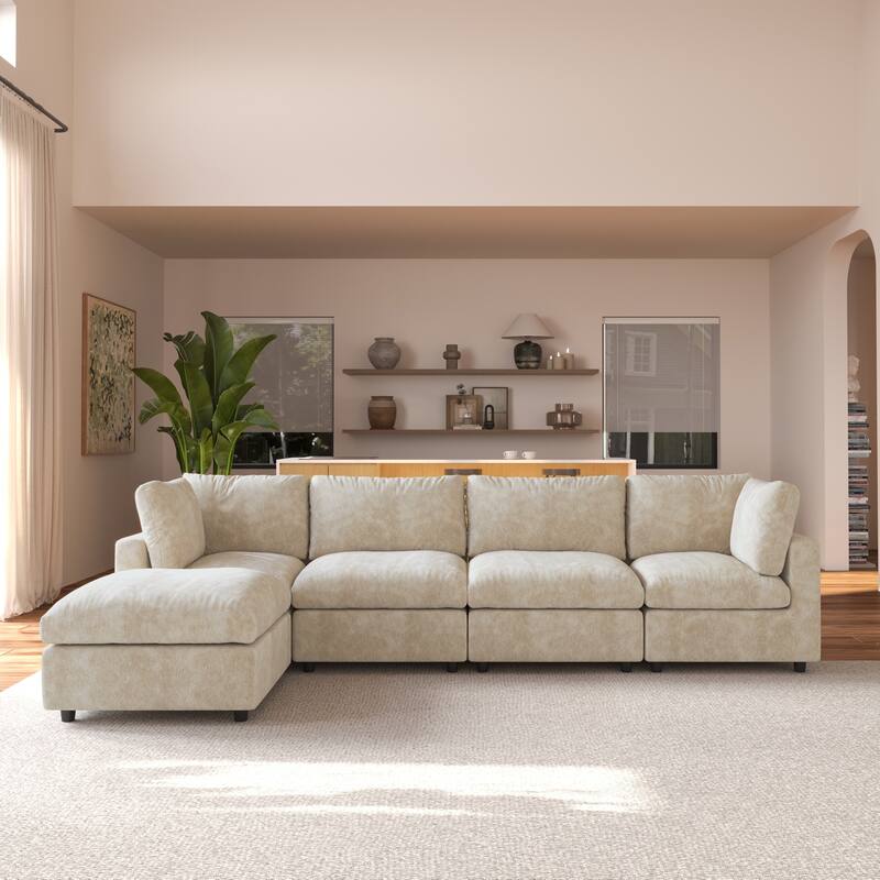 L-shaped Cloud Modular Sectional Sofa Couches with Ottoman for Living Room Down Filled Comfort Minimalist Sectional Couch - Khaki-4 seats+ottoman