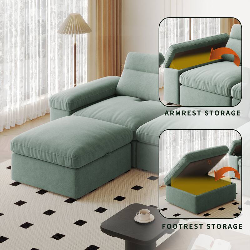 Down Filling Upholstered L-shaped Sectional Sofa with Storage Ottoman and Armrests, Chaise Modular Couch with Adjusted Backrest