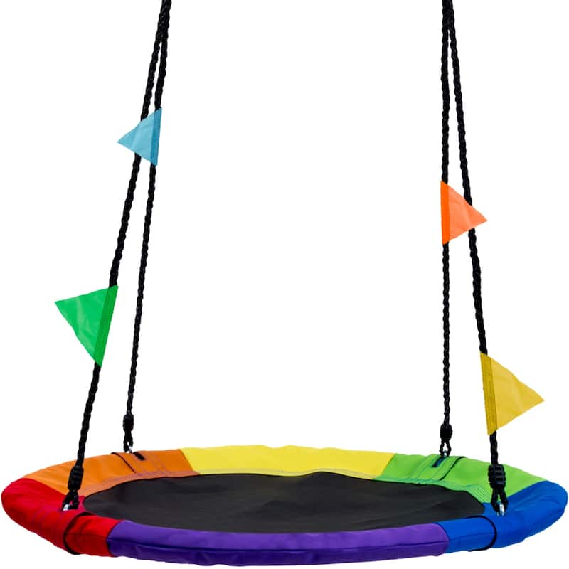 Saucer Tree Swing in Multi-Color Rainbow – Kids Indoor/Outdoor Round Mat Swing – Accessories Included (Round – 24”)