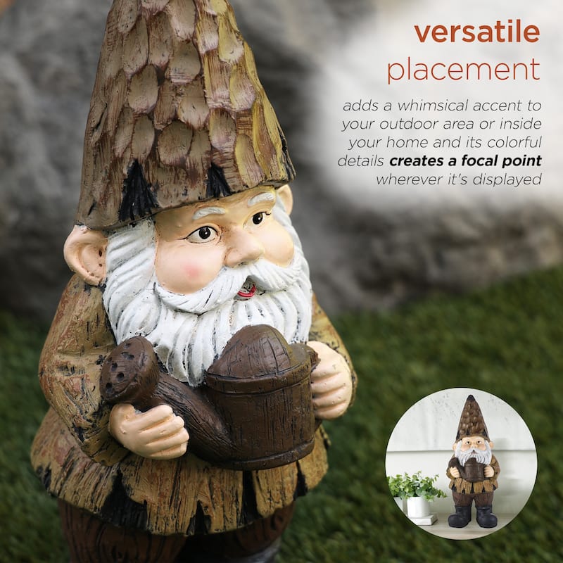 Alpine Corporation 16"H Indoor/Outdoor Garden Gnome with Watering Can Statue, Brown