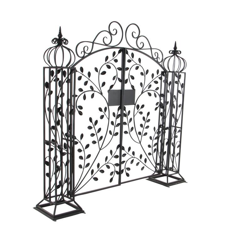 Black Metal Indoor Outdoor Scrollwork Arched Gate Garden Arbor with Vines and Latch Lock Closure