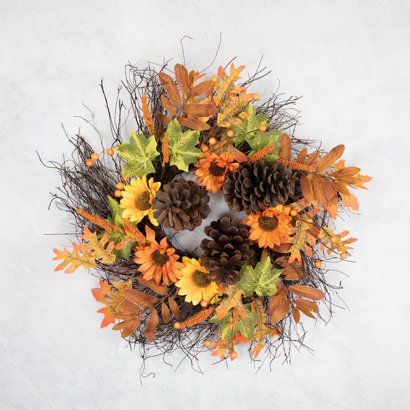 Sunflowers Pine Cones Fall Artificial Thanksgiving Wreath, 24", Unlit