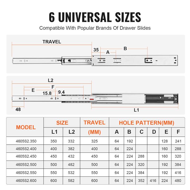 Drawer Slides Side Mount Rails Heavy Duty Full Extension Steel Track