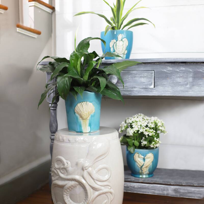 Euro Ceramica Grotto Aqua Stoneware 8" Seashell Planter - 8 in. x 8 in. x 7.75 in.