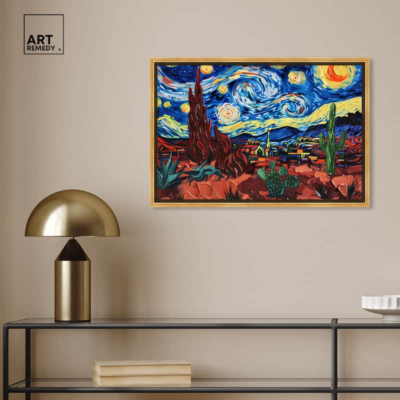 Art Remedy Desert Night Stars Framed Impressionism 1 Piece Canvas Wall Art /Monet And Van Gogh Inspired Art