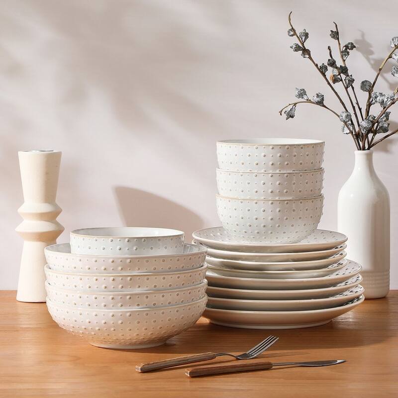MALACASA LYDIA Embossed Stoneware 16-Piece Dinnerware Set - Textured Dots - White