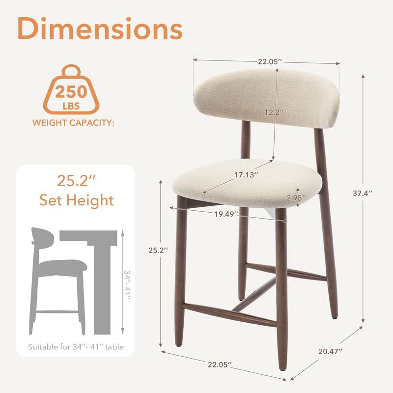 Mid-Century Modern Upholstered Bar Stools with Backrest - Solid Wood Legs Counter Height Stools