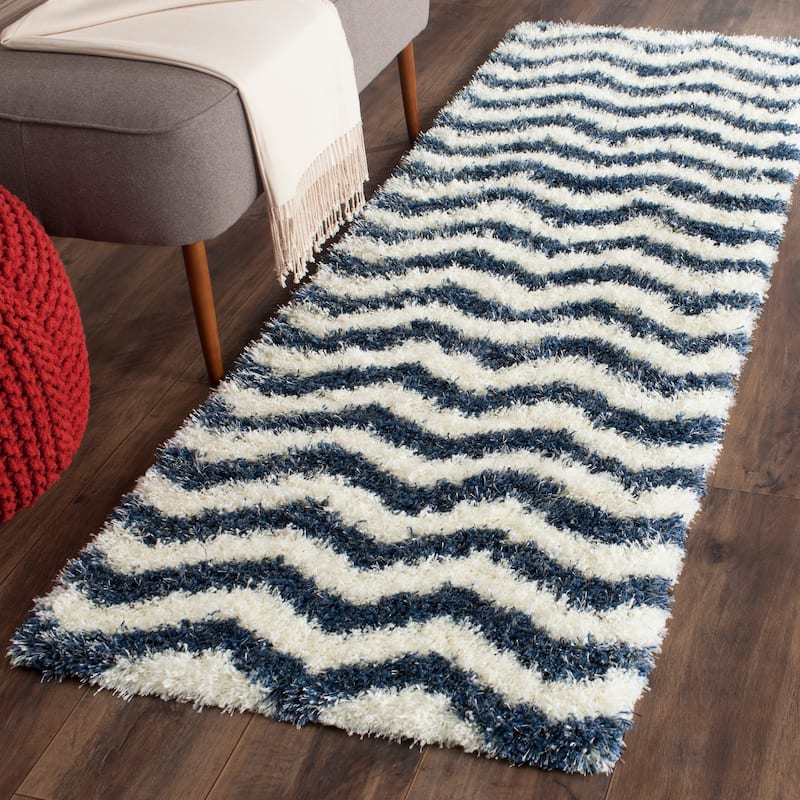 SAFAVIEH Montreal Shag Romaine 2-inch Thick Rug - 2'3" x 7' Runner - Ivory/Blue