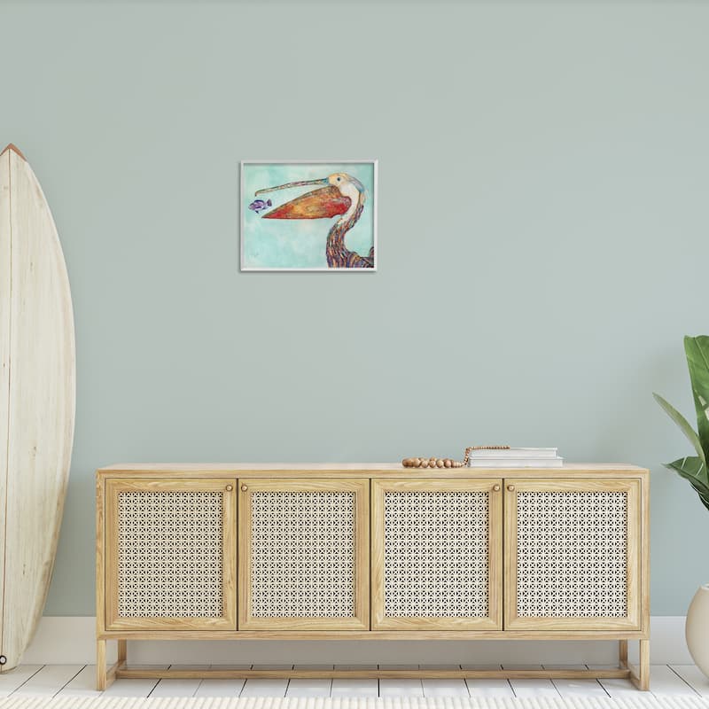 Stupell Pelican's Lost Supper Fish and Patterned Feathers Framed Giclee Texturized Art by Lisa Morales