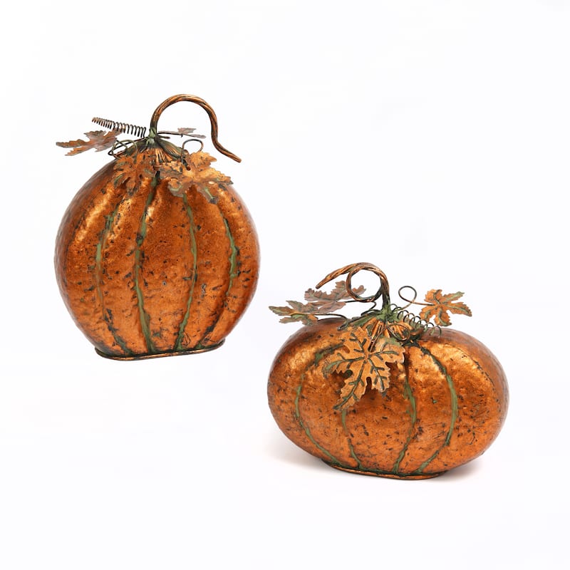 Set of 2 Assorted Metal Harvest Tabletop Pumpkins with Leaf Accents - N/A