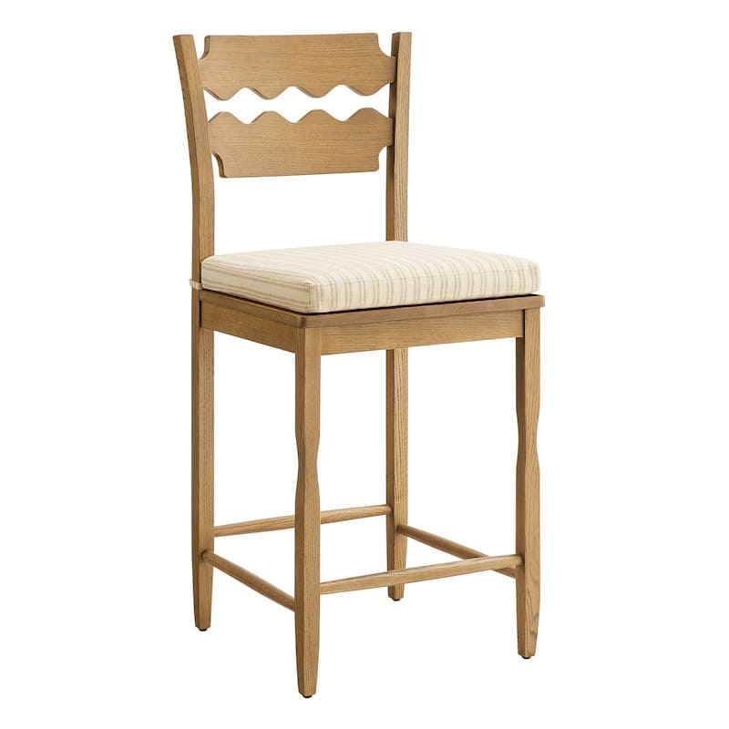 Jax Oak Wood Counter Stool With Wavy Razor Back and Cushion