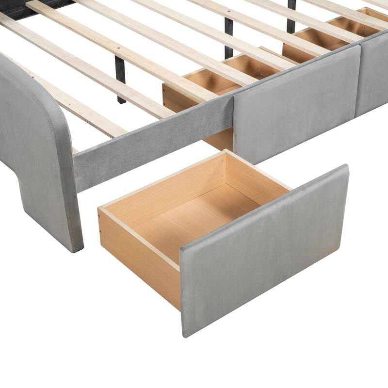 Rabbit-Themed Full Size Velvet Platform Bed with Storage Drawers and Bed-End Pockets - Fun, Practical, and Comfortable for Kids