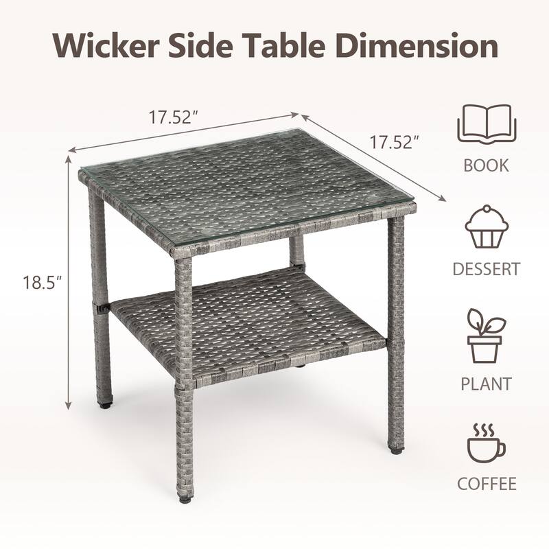 Square Outdoor Tea End Table Wicker Rattan Steel Frame with Tempered Glass Patio Balcony Garden - 17.52" L x 17.52" W x 18.5" H