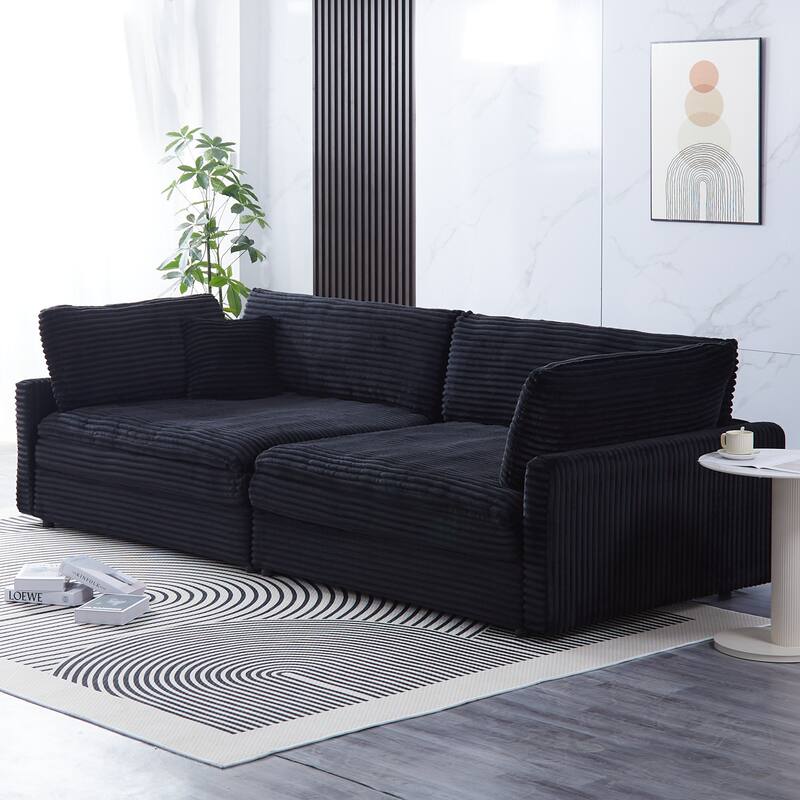112-inch Black Corduroy Sofa with 2 Throw Pillows for Versatile Home Styles