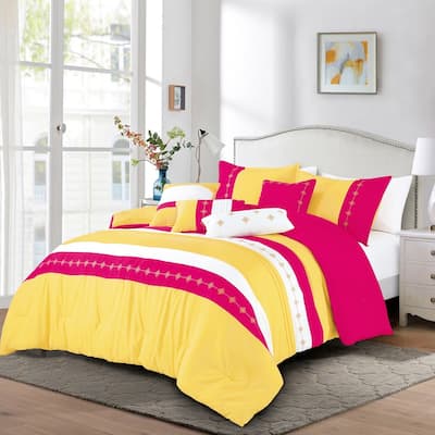 7 Piece Yellow Pink Striped Comforter Set Striped Modern Embroidery Soft Bedding