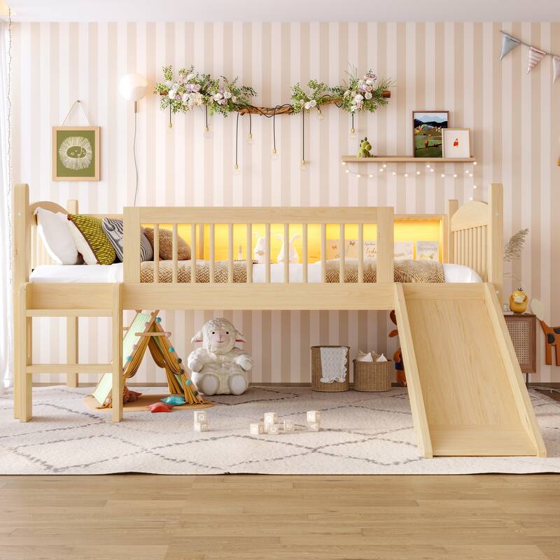 Twin Loft Bed with Storage Shelves, LED Lights & Guardrails