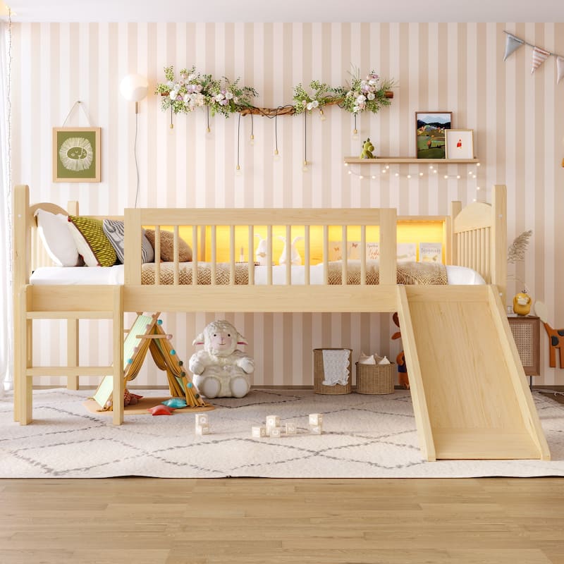 Twin Loft Bed with Storage Shelves, Solid Wood Lower Loft Bed with LED Lights and Full-length Guardrails