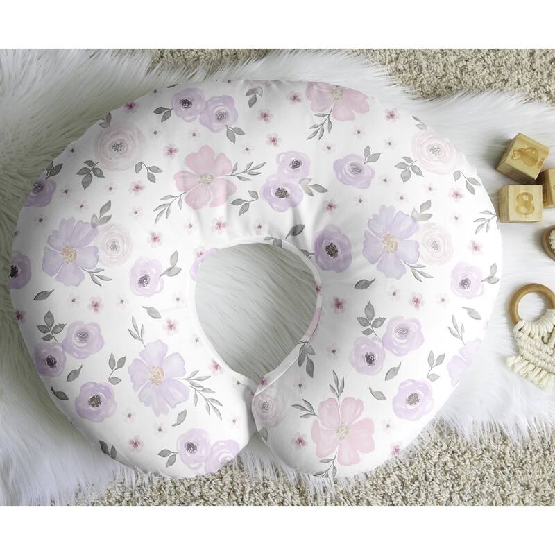 Sweet Jojo Designs Watercolor Floral Nursing Breastfeeding Pillow Cover Case (Pillow Not Included) Purple Pink Grey Boho Shabby