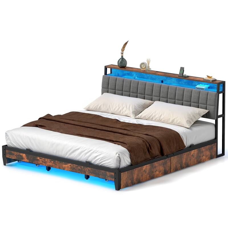 Moasis King/Queen/Full Size Upholstered Platform Bed with Charging Station and Storage Headboard