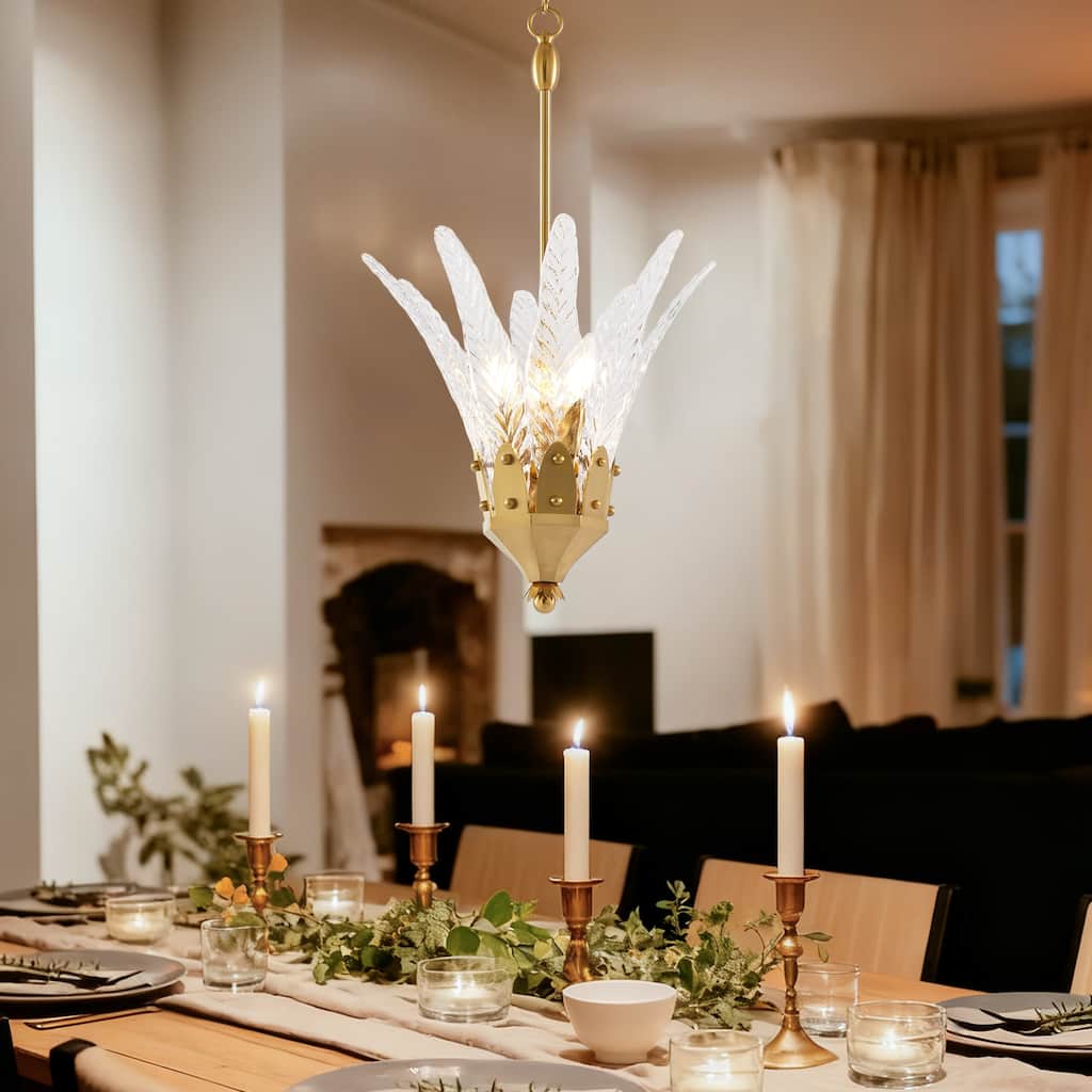 17" Modern Gold Flower 3-Light Textured Glass Chandelier Hanging Light
