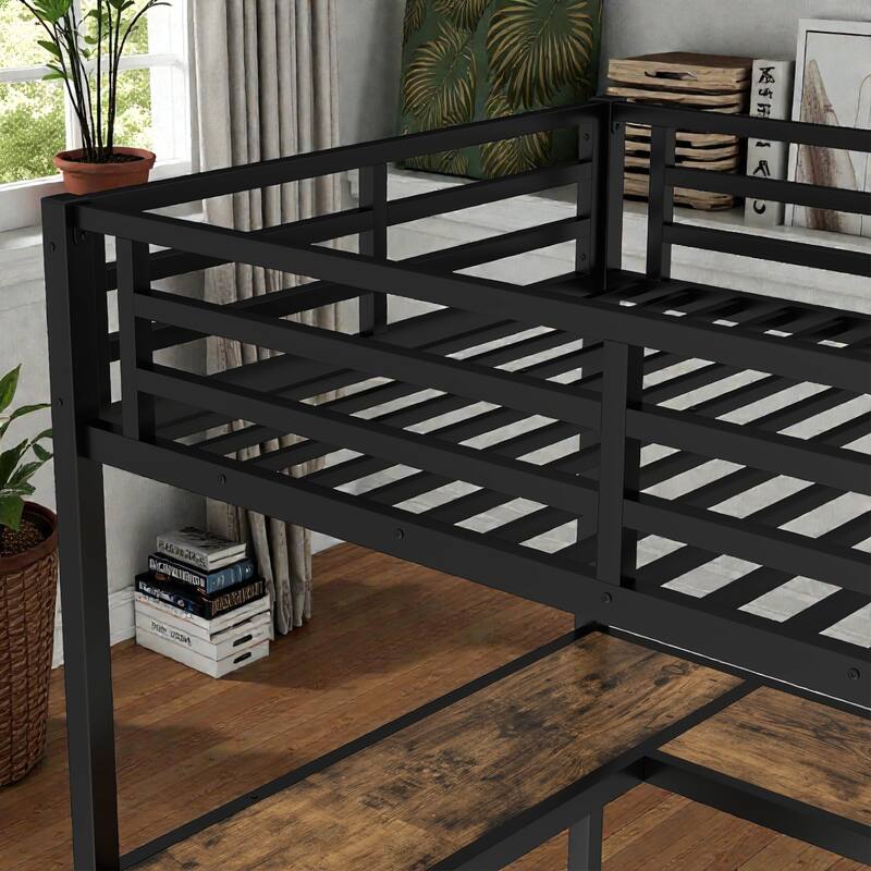 Twin XL Metal Loft Bed with Desk and Shelves, L Shaped Loft Bed Frame with Ladder and Guardrails