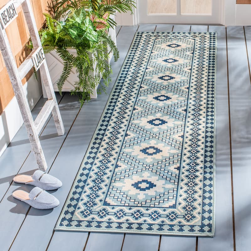SAFAVIEH Veranda Eyvor Indoor/ Outdoor Waterproof Patio Backyard Rug - 2'3" x 8' Runner - Ivory/Blue