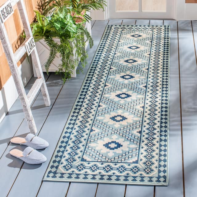 SAFAVIEH Veranda Eyvor Indoor/ Outdoor Waterproof Patio Backyard Rug - 2'3" x 12' Runner - Ivory/Blue