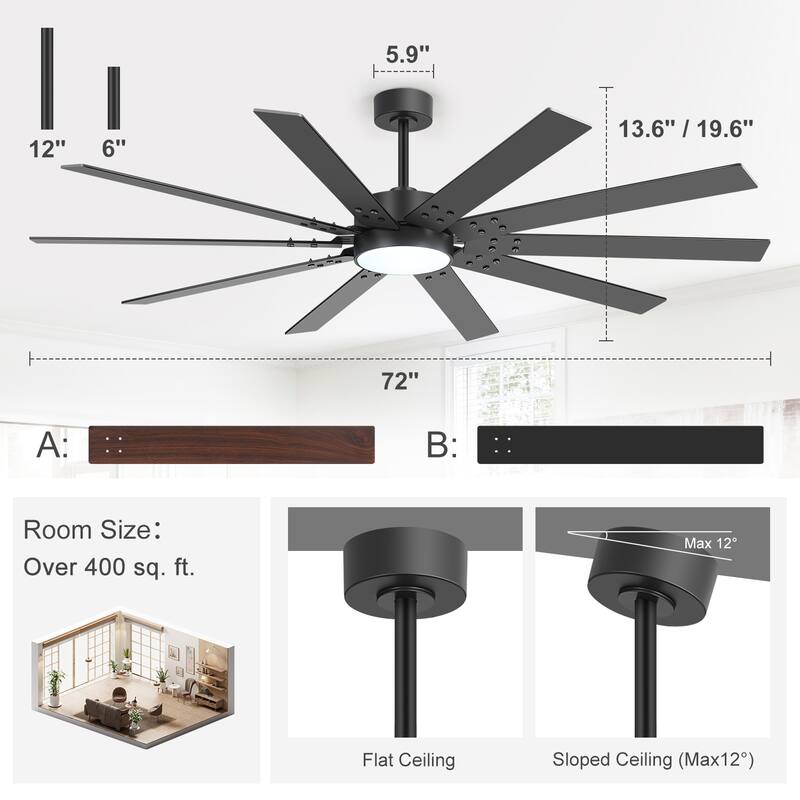 72" Integrated LED Windmill Large Ceiling Fan with Light and Remote(10 Reversible Blades)
