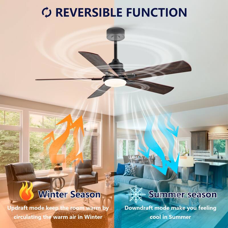 Smart 52" Indoor/Outdoor Ceiling Fan with Light, Dual Finish Black/Walnut 6-Blade, Remote & APP Control, Dimmable LED