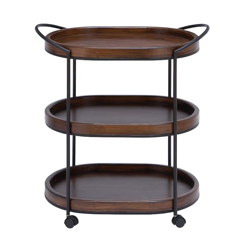 Wood Rolling Oval 3 Shelf Bar Cart with Black Metal Frame - Brown - Roche River Decor - 16"W x 25"L x 30"H