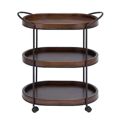 Wood Rolling Oval 3 Shelf Bar Cart with Black Metal Frame - Brown - Roche River Decor - 16"W x 25"L x 30"H