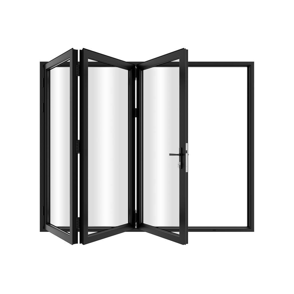 KaMic 108"×96" 3 Panels Aluminum Folding Door In Black,Folded Out From Right To Left Model #:FD3PBK10896-RL