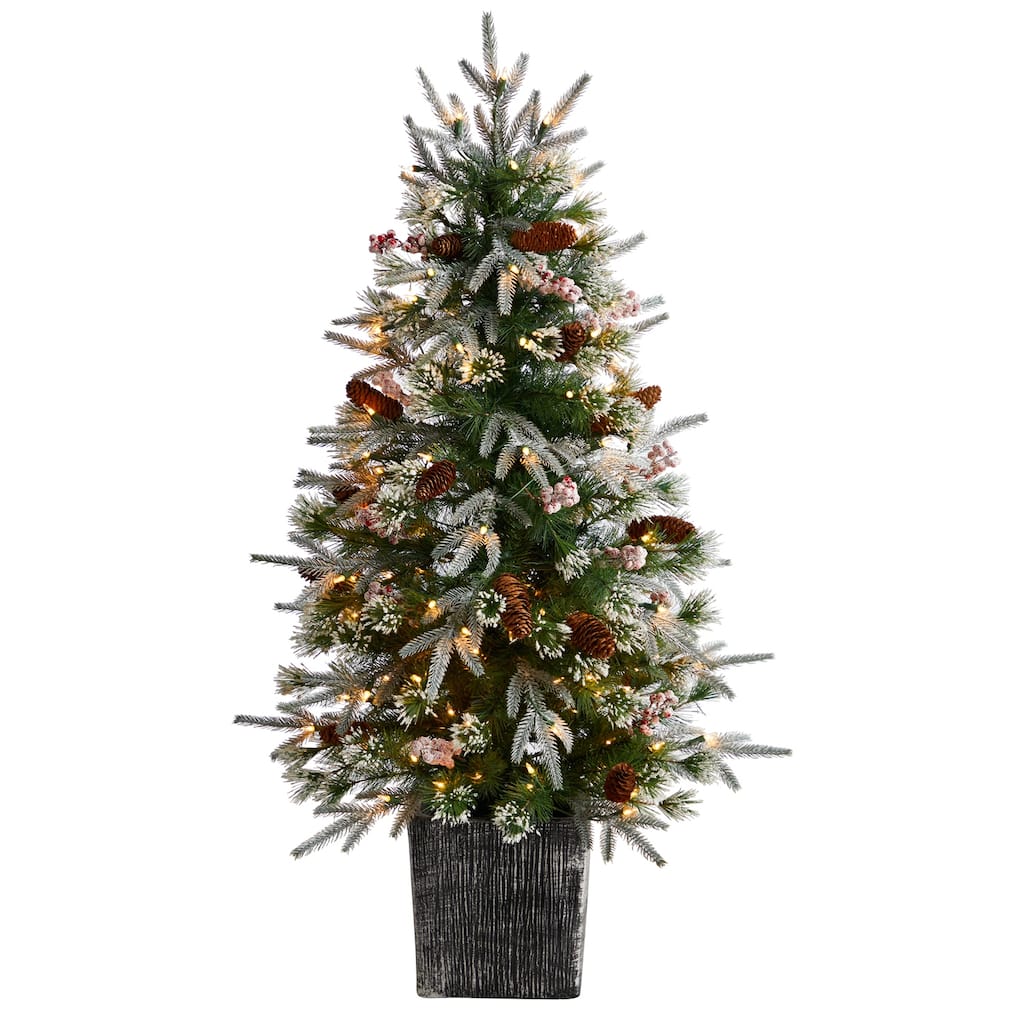 4Ft Frosted Christmas Tree with Lights & Berries - Holiday Decor Indoor Tree in Planter - Green - 48