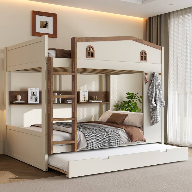 Queen over Queen Bunk Bed Rustic House Bunk Bed with Hooks Storage Shelves, Solid Wood Under-bed Storage Drawers or Trundle - Beige/ Trundle - Queen
