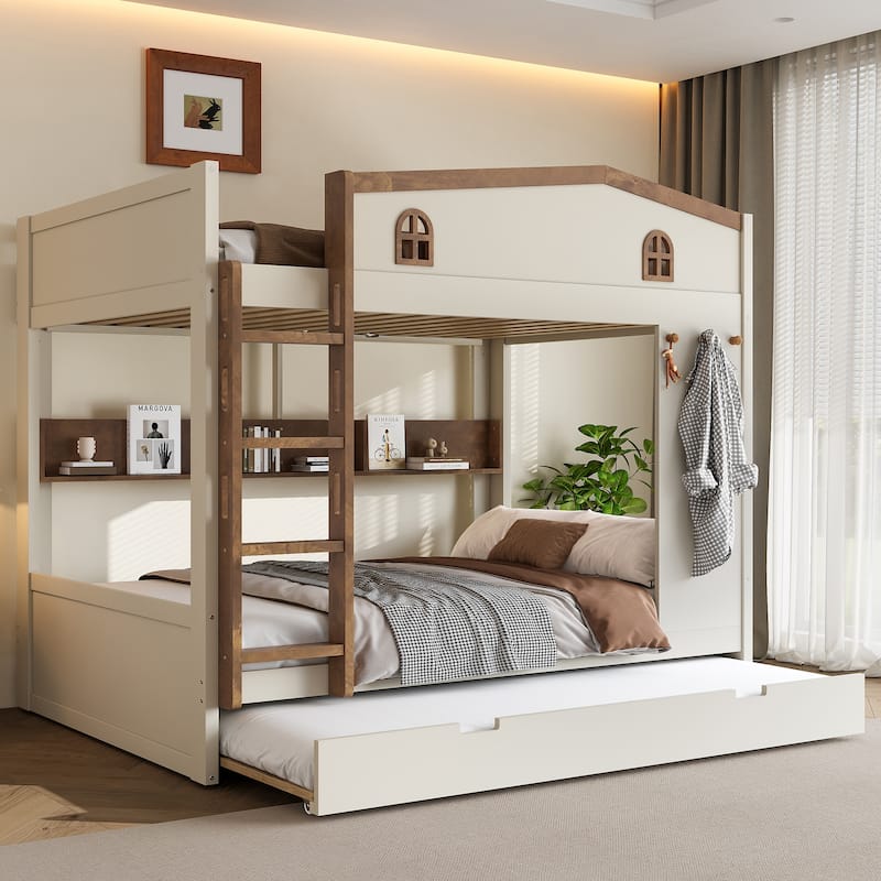 Queen over Queen Bunk Bed with Trundle, Shelves and Hooks - Beige - Queen