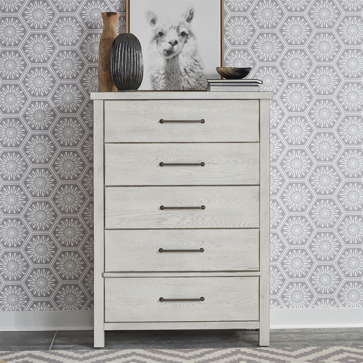 Shop Modern Farmhouse White Distressed 5 Drawer Chest Overstock