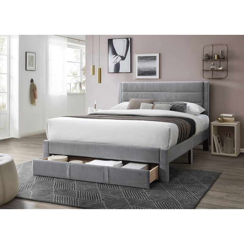 Queen Size Corduroy Platform Bed with Storage Drawer and Channel-Tufted Headboard and Contemporary Design